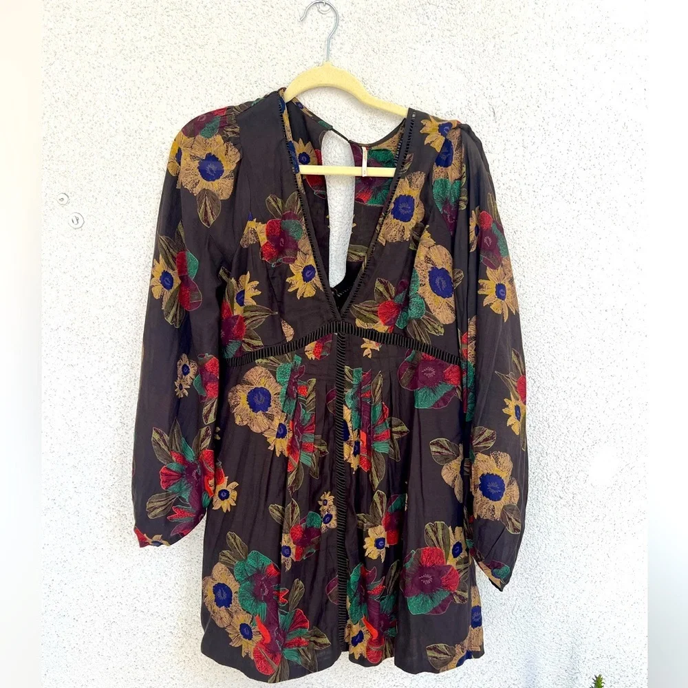 NWOT FREE PEOPLE Strawberry Fields Floral Tunic Dress Brown Long Sleeve Boho SM